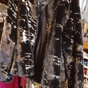 DONNA SAYLERS FABULOUS FURS BLACK FAUX FUR WITH GOLD SPLASH DESIGNER JACKET